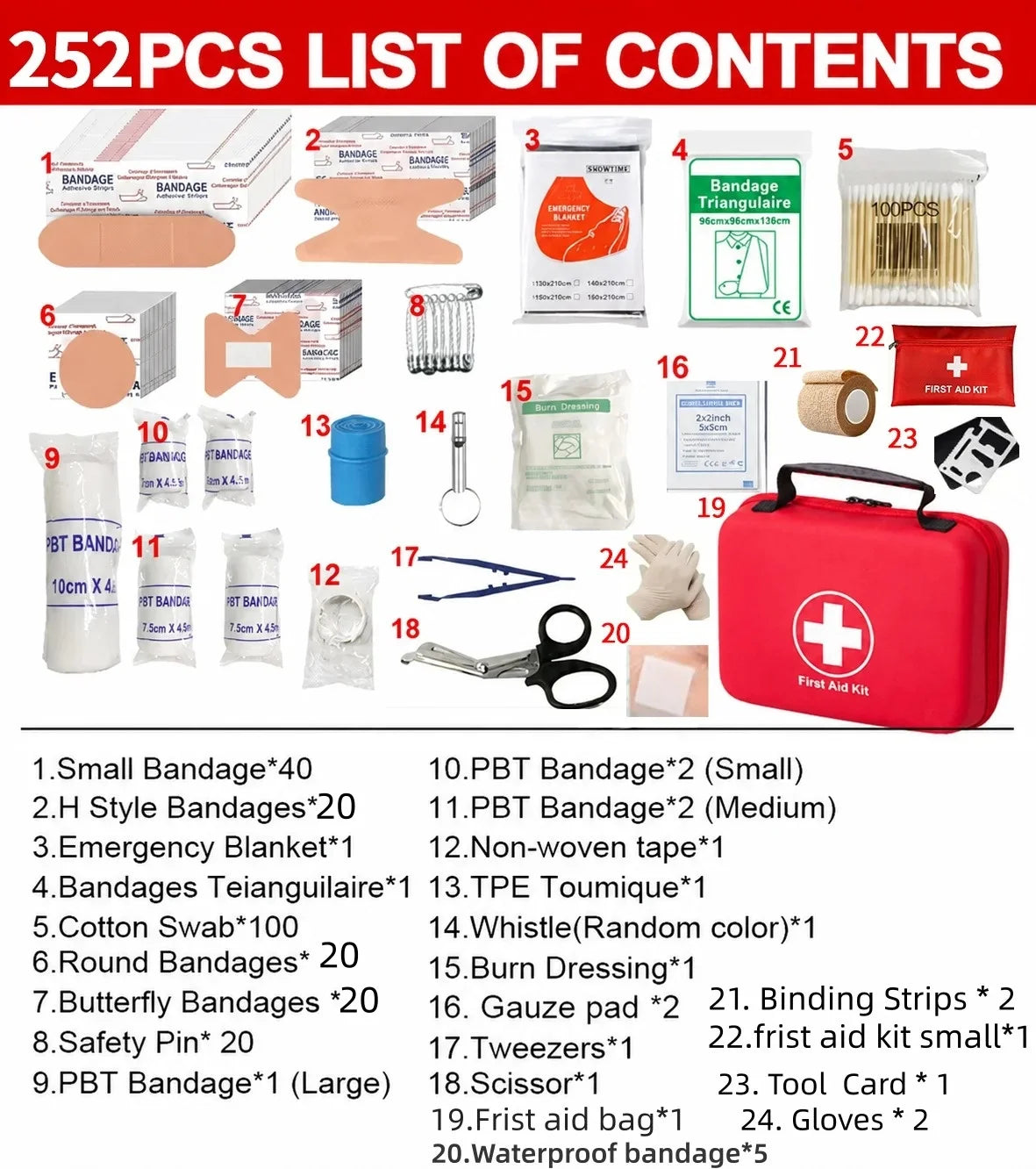 252pcs Home Office First Aid Kit Portable Emergency Bag, Red Survival Carry-On for Outdoor Activities, Camping, Hunting, Hiking