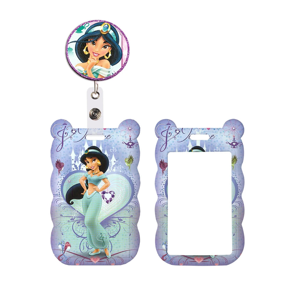 Disney Jasmine Princess Irregular Head Shape Badge Holder Lanyard Keys Chain ID Credit Card Cover Bus Card Holder Glitter Charms