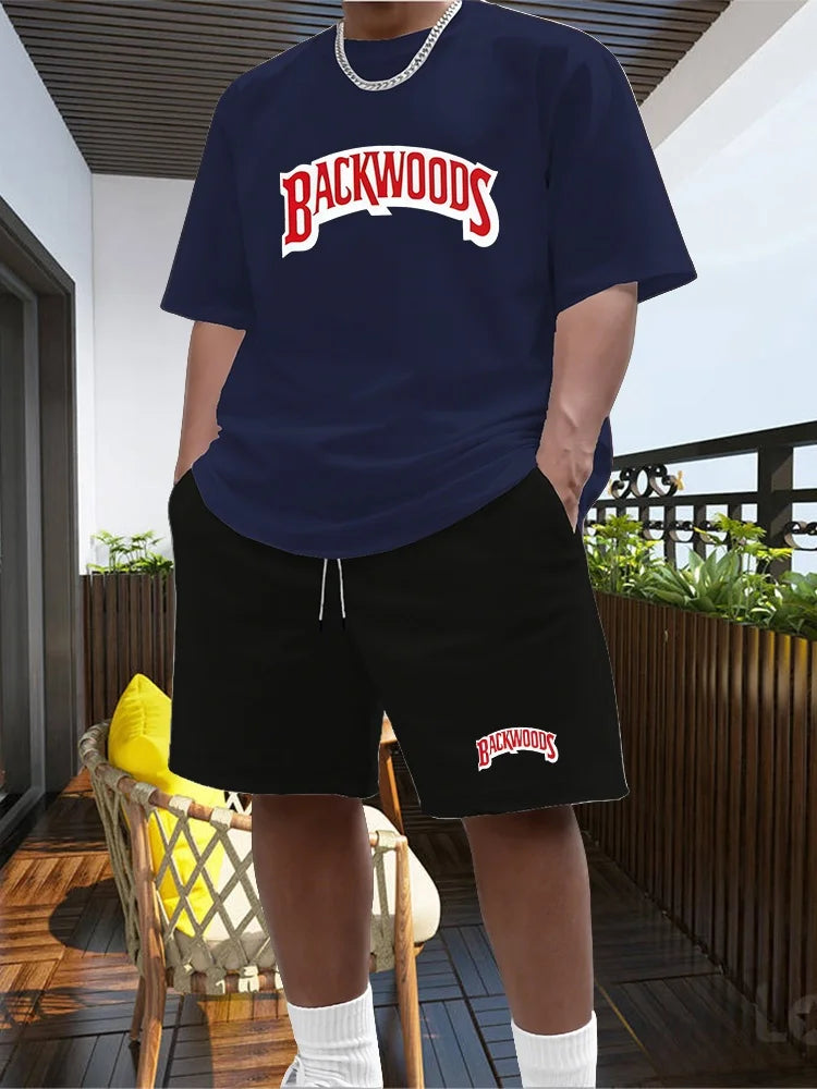 2026 New Summer Men's Fashionable Round Neck Short Sleeved Suit Black Brand Casual Jogging Clothes Sportswear