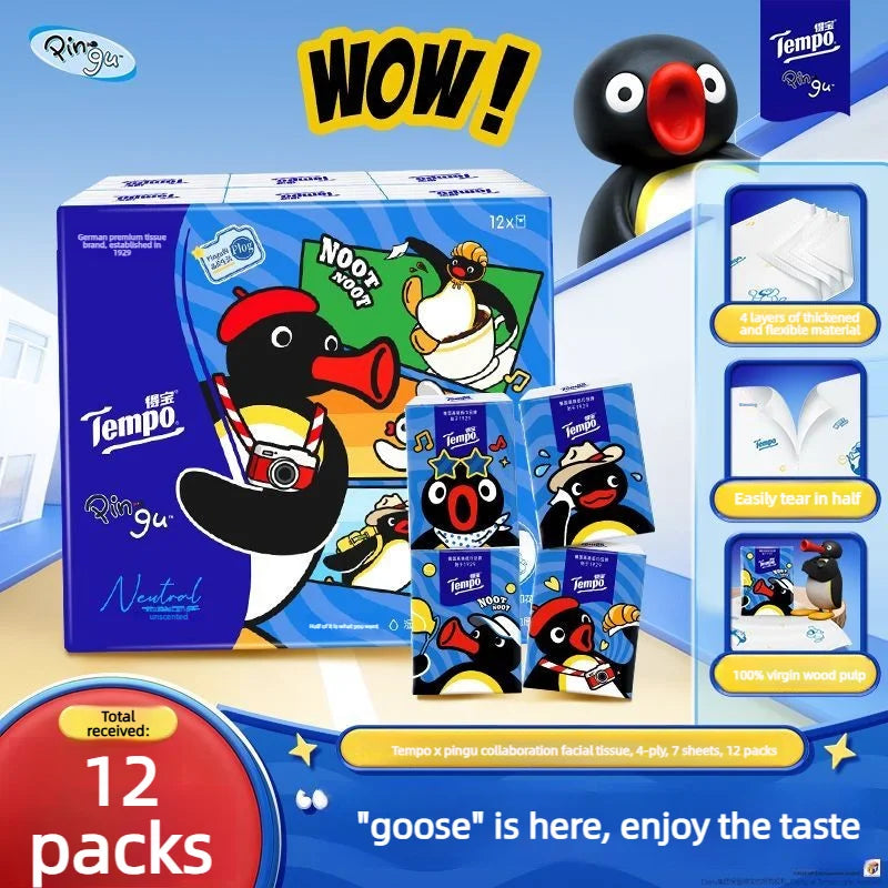 Tempo X Pingu Pocket Tissues, 4-ply Thick Soft Paper Handkerchiefs, 12-pack Portable Printed Facial Tissues For Daily Use