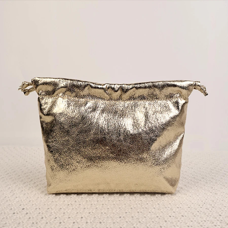 Golden Drawstring Lightweight Portable Evening Bag Sunday Party Shopping Versatile Handbag to Store Mobile Phone Shoulder Bag