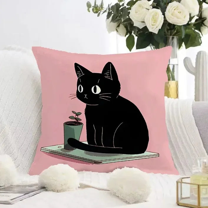Cute Black Cat Double-sided Printed pillow cover Short plush Suitable living rooms bedrooms sofas throw cushion cover