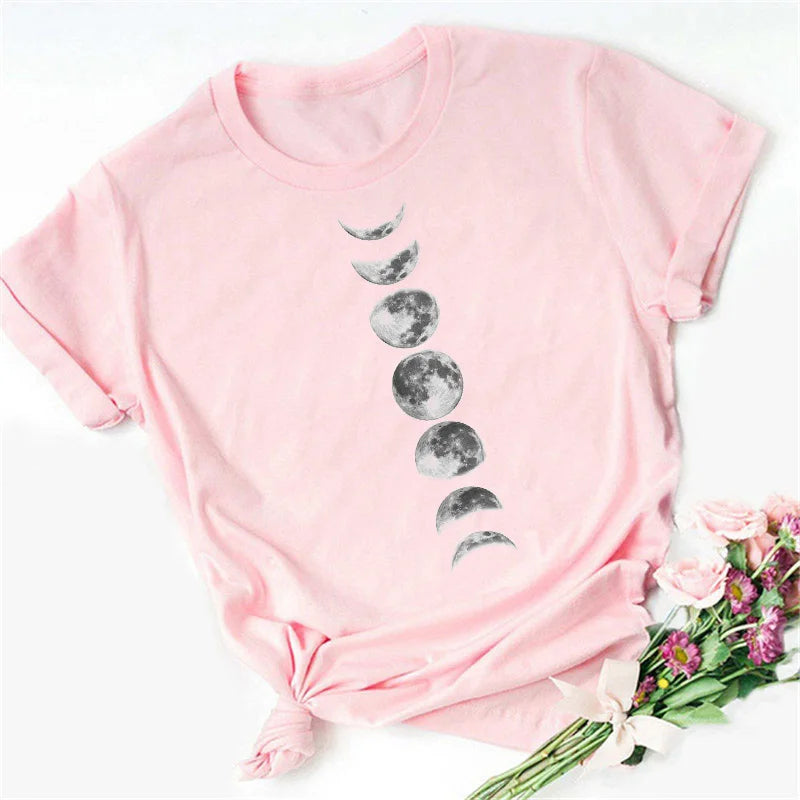 New Fashion Black Tops Funny Female T-shirt Casual Tee Woman Clothes Y2k Cute Tops Moon PrintWomen Harajuku Summer T Shirt Girl
