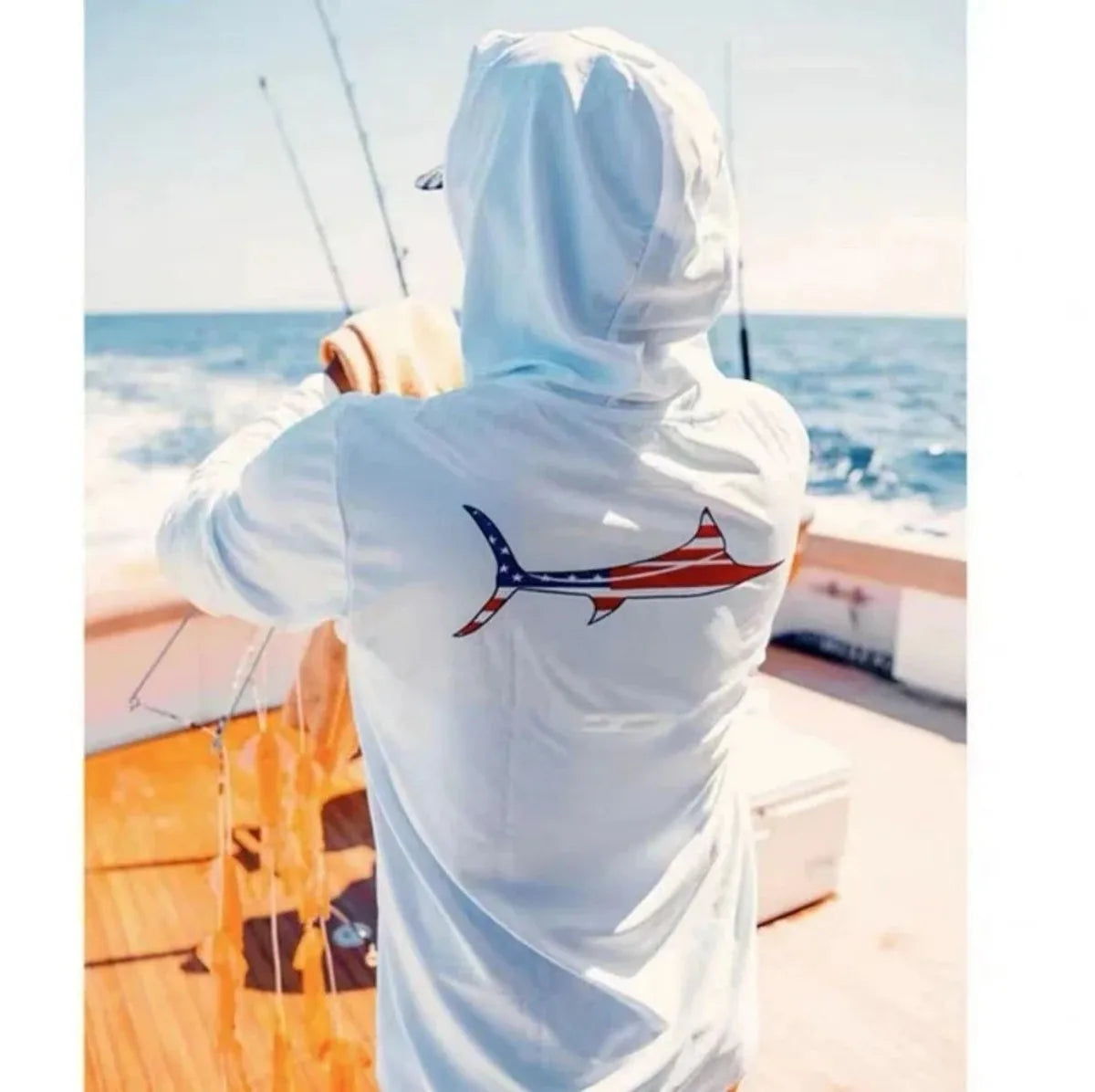 American men's summer fashionable fish print soft breathable hooded fishing suit long sleeved T-shirt outdoor casual top