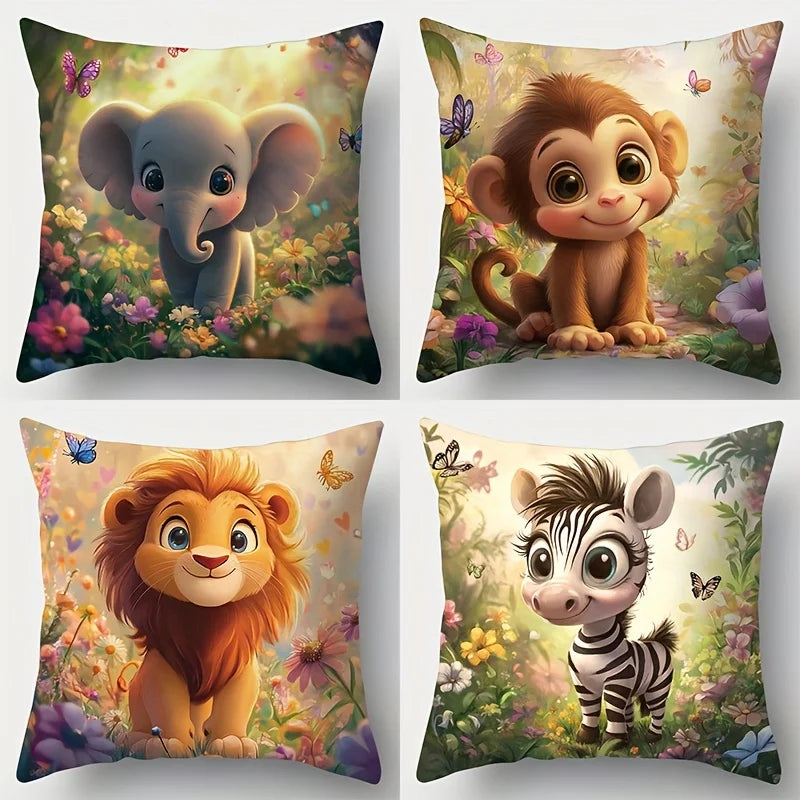 4-Piece Printed Pillowcase Set – Safari Animal Theme with Elephants, Monkeys, Lions & Zebras