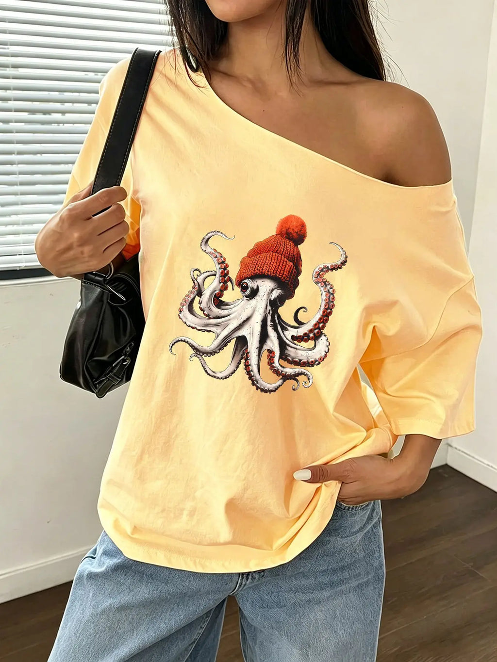 100% Cotton Plus Size Octopus Beanie Graphic Print Shoulder Loose Print T-Shirt Oversized Y2K Style Graphic Tees Women Tops S