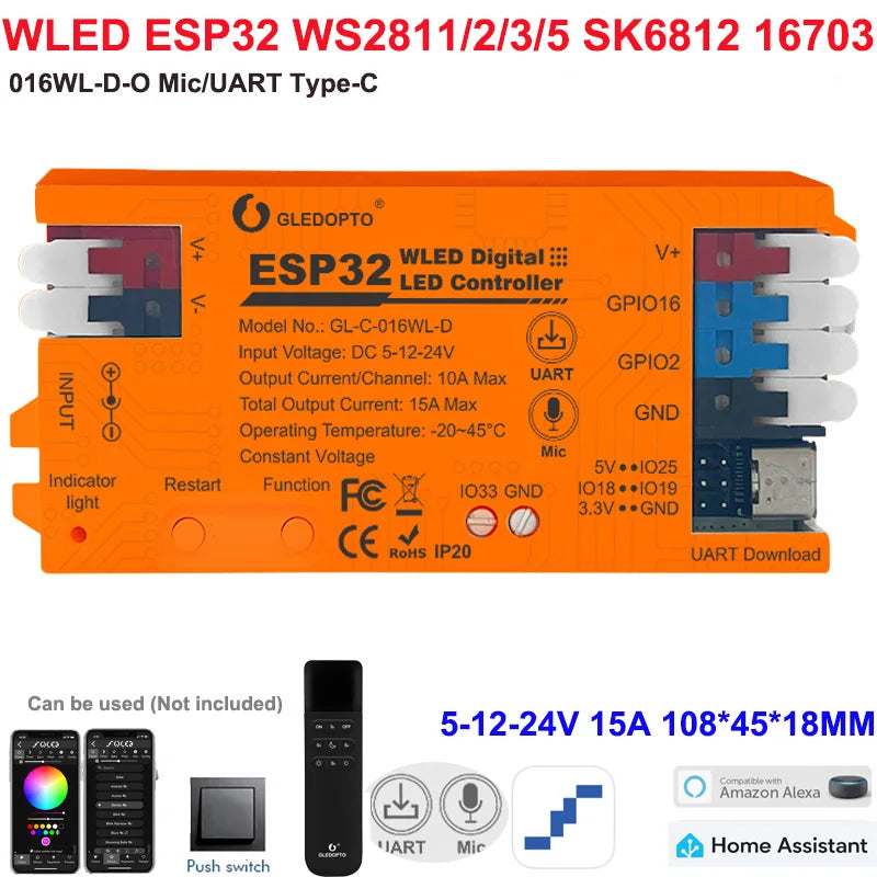 5GLEDOPTO ESP32 PWM WLED Dynamic LED Controller 5 in 1 DC12-24V WIFI App Control for RGBCCT RGBW RGB CCT DM WS2811/2B/3/5 Strip