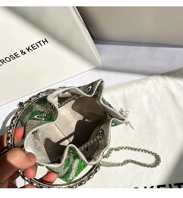 Luxury Designer Green Plaid Rhinestones Diamond Evening Clutch Bag Wedding Party Bucket Purse Women's Handbag Crossbody Bag