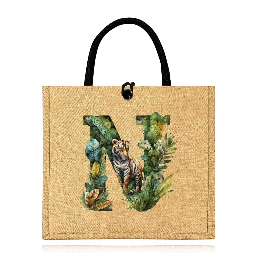 Flax Bag Fastener Handbag Organizer Storage Jute Tote Bags Imitation Cotton Women Valise Portable Jungle Tiger Printing Series