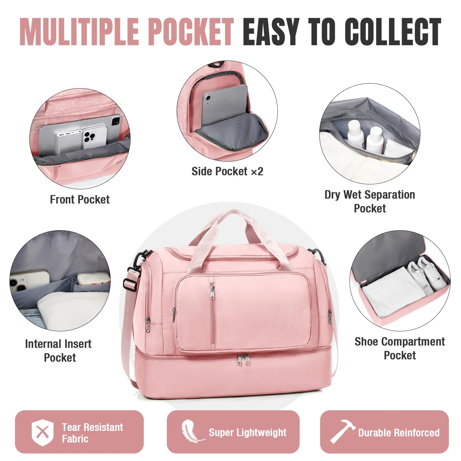 Travel Bag for  Women - Waterproof Large Capacity Multi-Pocket Hand Luggage Bag Gym Bag Weekender Travel Clothing Storage Bag