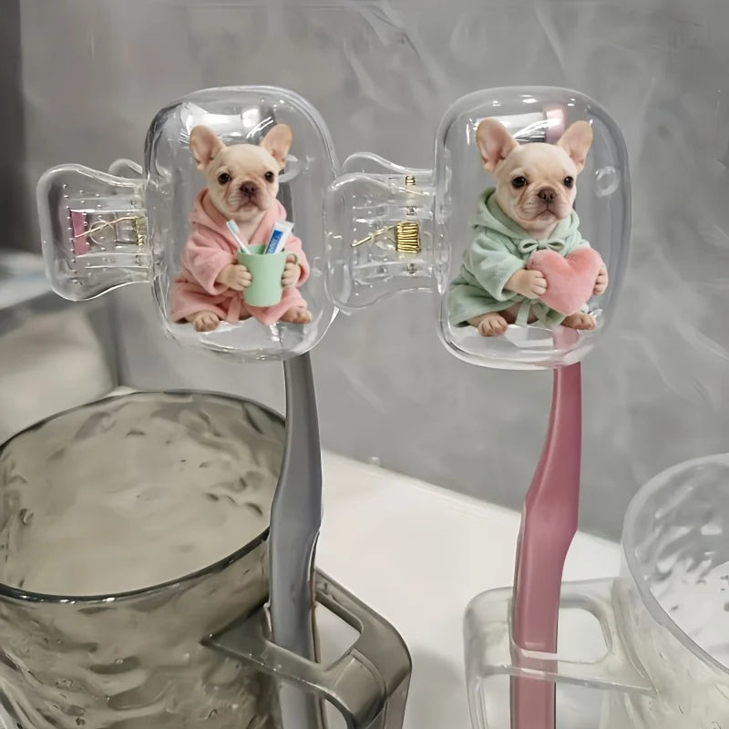 2pcs Cute French Bulldogs Portable Dustproof Odorless Toothbrush Case Travel Sets with Ventilation Holes to Keep Clean and Dry