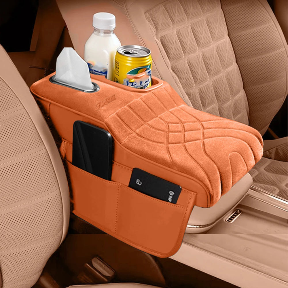 High-Low Style Suede fabric Car Armrest Box Cushion - an Armrest Cover with 2 Side Pockets, 2 Cup Holder,and 1 Tissue Box.