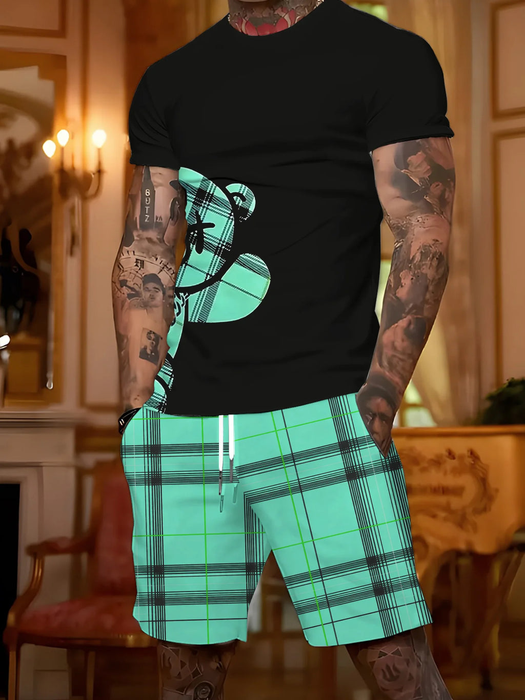2026 Summer New Men's Short-Sleeved Shorts Set for Street Casual Fashion Comfortable Soft Breathable with 3D Bear Pattern Print