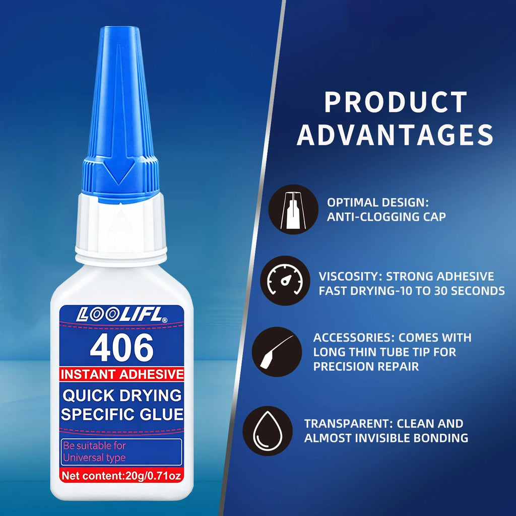Loolifl 5Pcs 406 20g Cyanoacrylate Super Glue for Plastic Rubber Metal Ceramic All Purpose Adhesive for DIY Craft Home Repair