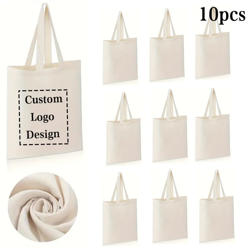 10pcs/lot Custom Logo 10oz Canvas Shoulder Bags Beige/Black/White Eco-Friendly Shopping Bag Personalize Large Capacity Handbags