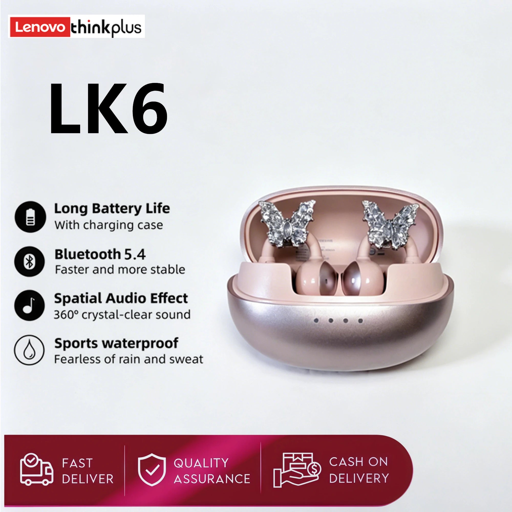 Original Lenovo LK6 Wireless Bluetooth Sports Earphones Ear Clip HD Stereo Headsets HIFI Music Noise Reduction Gaming Earbuds