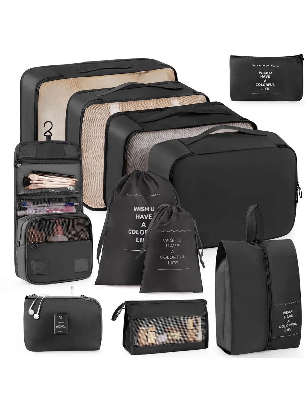 11-Piece Portable Travel Storage Bag Set - Easily Organize Your Clothes, Shoes, and Underwear - Perfect for Daily Travel, Business Trips, Home Storage, Suitable for Luggage and Suitcases, Travel Storage Bags with Slogan Patte