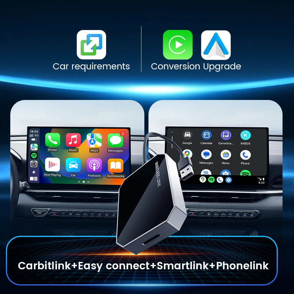 HEYINCAR Carbitlink Wired to Wireless Android Auto Box Wireless CarPlay Adapter 2 in 1 Smart Car Ai Box Auto Connect Plug & Play