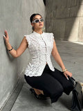 Plus Size Elegant Lace Blouse, Mandarin Collar Frog Button Sleeveless Shirt, Slim Fit Casual Vacation Top for Women