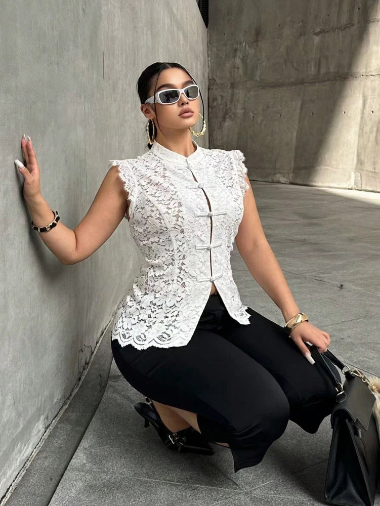 Plus Size Elegant Lace Blouse, Mandarin Collar Frog Button Sleeveless Shirt, Slim Fit Casual Vacation Top for Women
