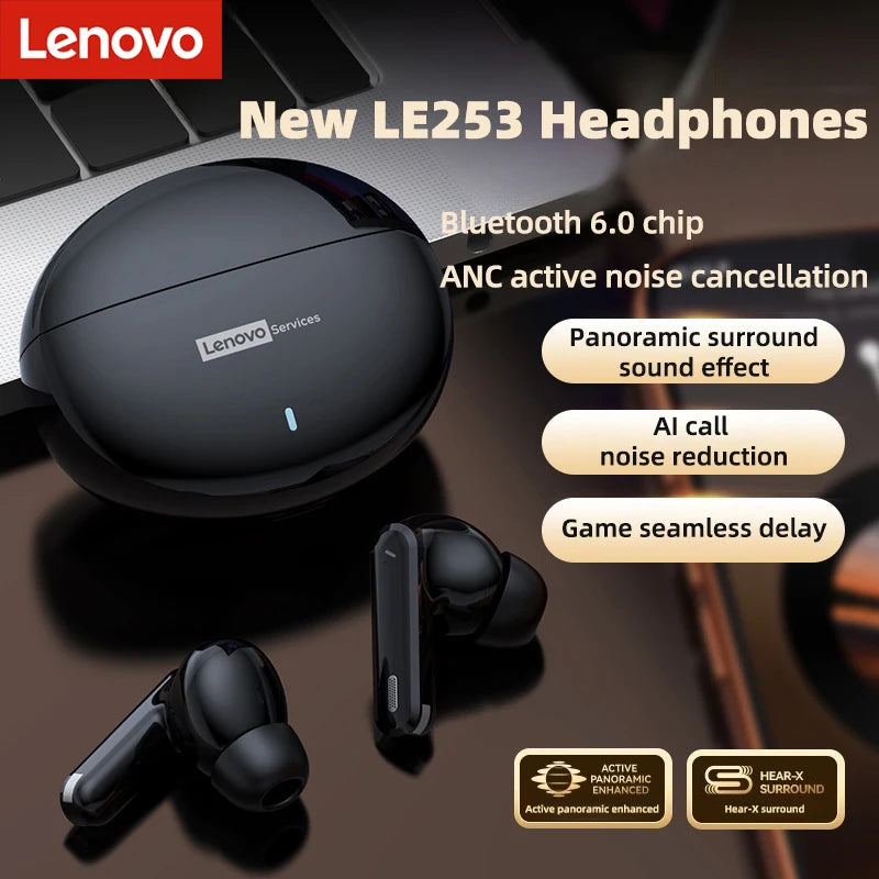 Lenovo New LE253 Earphones TWS Wireless Bluetooth 6.0 Headphones HiFi Sound ANC Noise Reduction Game Sports Headset With Mic