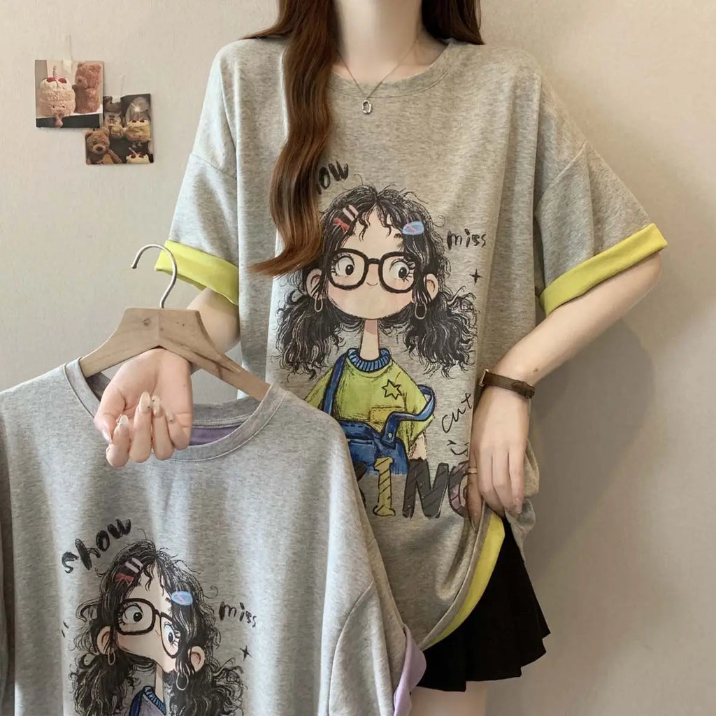 Plus-size women's spring and summer new color-blocking casual loose slimming cartoon letter printed short-sleeve T-shirt