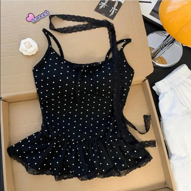 1Pc Women Clothing Summer Fashion Casual Polka Dot Solid Color Sling Ladies Fashionable Appear Thin Slim Young Style Tops