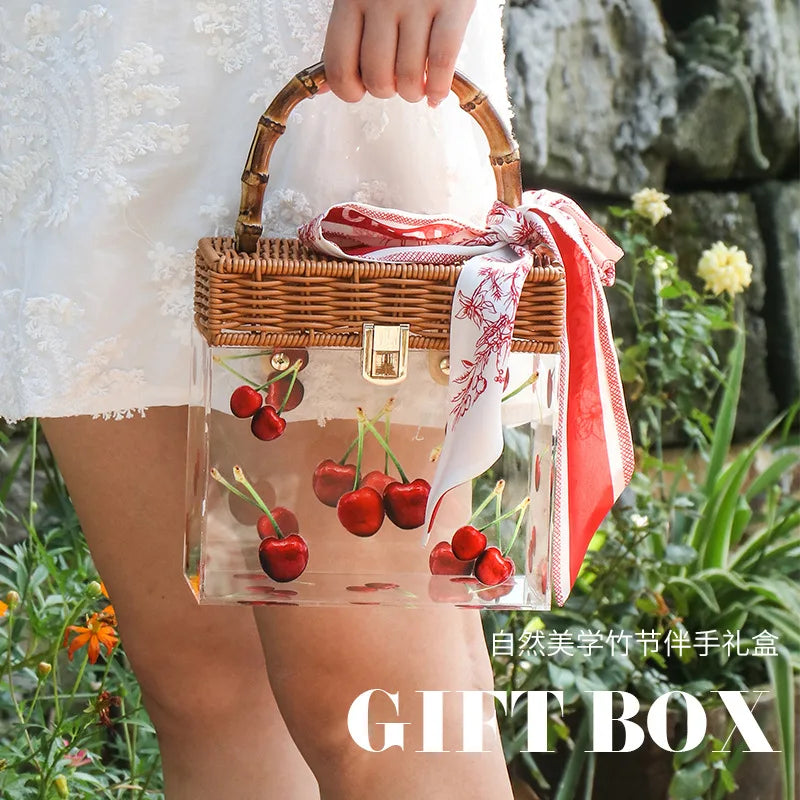 BEACH Summer Transparent Acrylic Box Printing Square Bag Bamboo Woven Handmade handle Gift Box Handbag Women Holiday Vacation