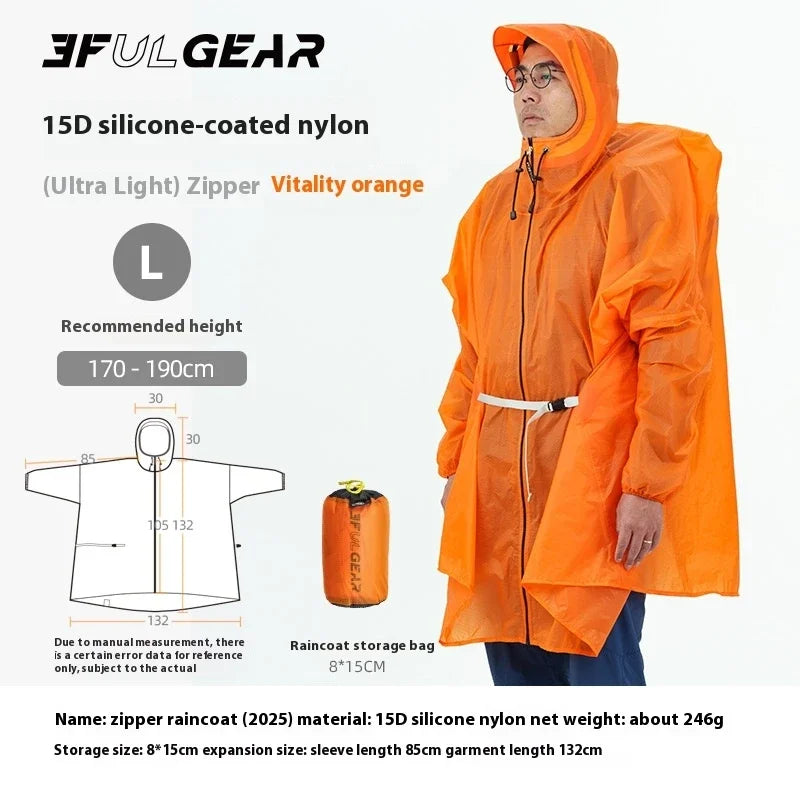 3F UL GEAR Zipper Raincoat 15D Nylon/210T Polyester Waterproof Jacket Ultralight Outdoor Cycling Camping Hiking Rain Poncho Coat