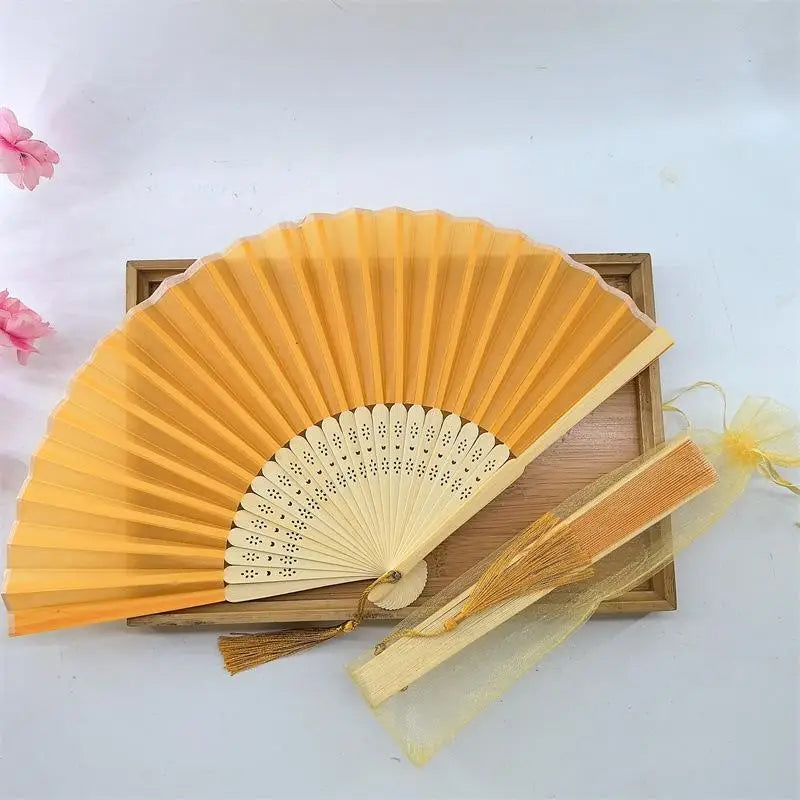 Chinese Style Folding Fan Wear Resist With Organza Bag Bamboo Hand Fan With Tassel Cooling Tool Silk Hand Fan Party Decoration