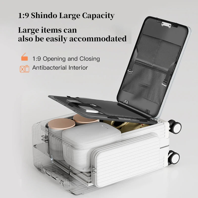 New-style three-opening multifunctional front-opening suitcase, 20-inch PC material with double side pockets, large-capacity tra