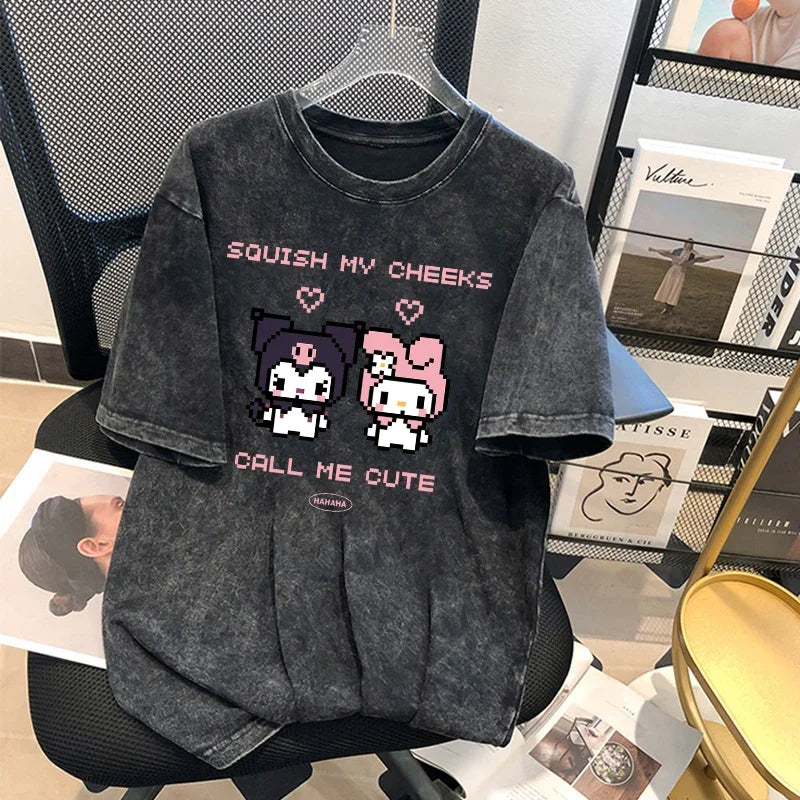 Kuromi Summer New T-Shirt Men and Women American Retro Washed Cotton Loose Distressed Short-Sleeved T-Shirt Tops Cartoon Print