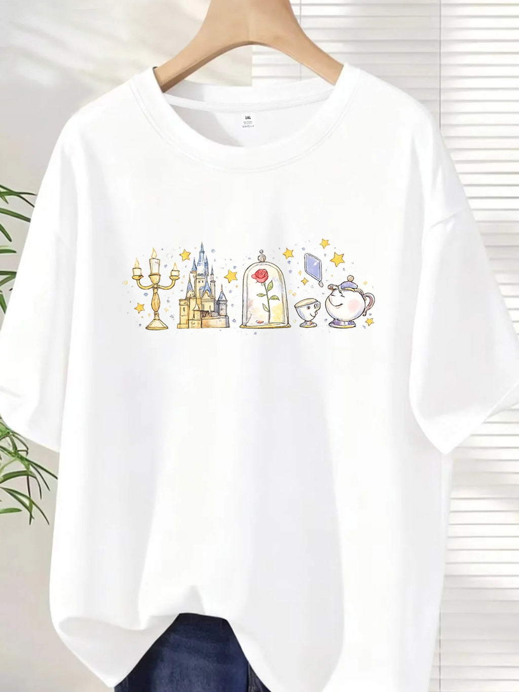 【ZXH10134】Castle Rose Plus size women's round neck short sleeve T-shirt with elastic half sleeves and trendy prints