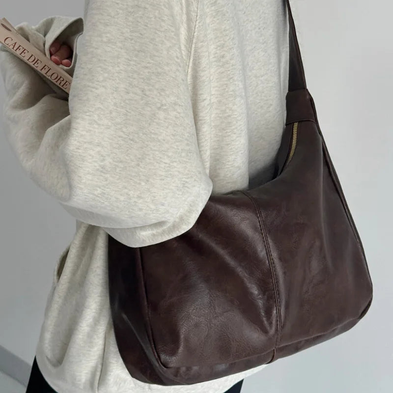 Ultra Soft Pu Leather Commuter Fashion Vintage Casual Tote Bag  Large Capacity Temperament Stylish Crossbody Bags For Women