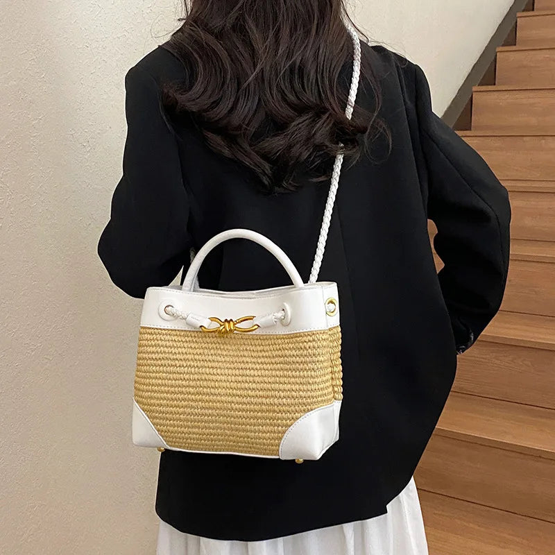 Women Contrasting Color Woven Handbag PU Splicing Gold Belt Bucket Cross body Bag French Elegant Vacation Style Travel Bags