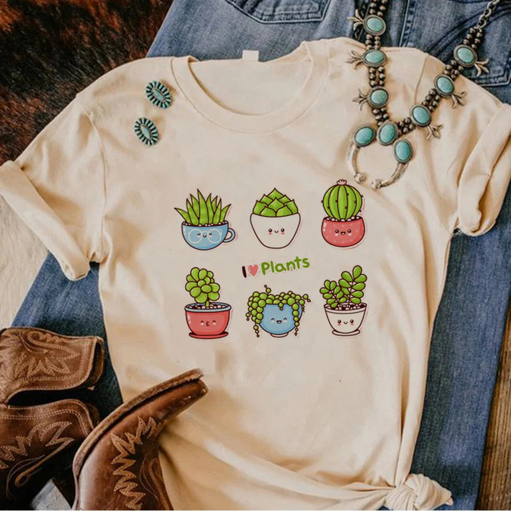 Plus Size Plants Love Printed Tee Women Streetwear Summer Top Female Round Neck T-Shirt Short Sleeve for Daily Wear Casual Tees