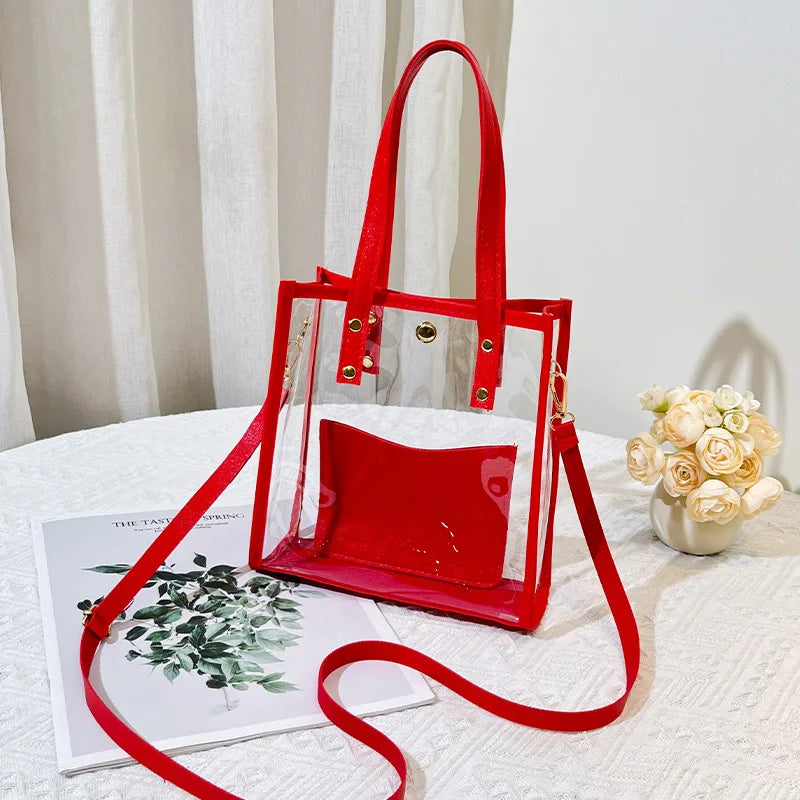 Women Mini Clear PVC Tote Bag Summer Transparent Jelly Handbag With Detachable Crossbody Strap