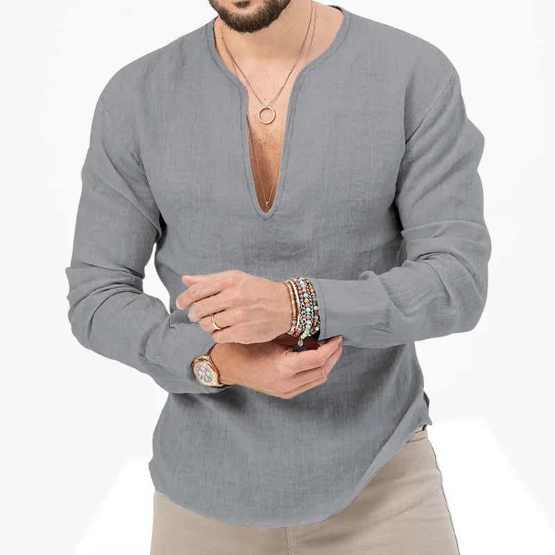 2026 Henry Linen Long Sleeve T-Shirt Men's Slim Fit Solid Color European and American Large Size Deep V-Neck Top Men