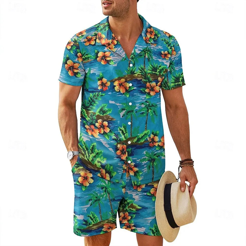 Men's Summer Shirts Set Fashion Plant 3D Print Short Sleeve Top +Shorts 2 Piece Hawaiian Beach Vacation Suit Casual Loose Outfit