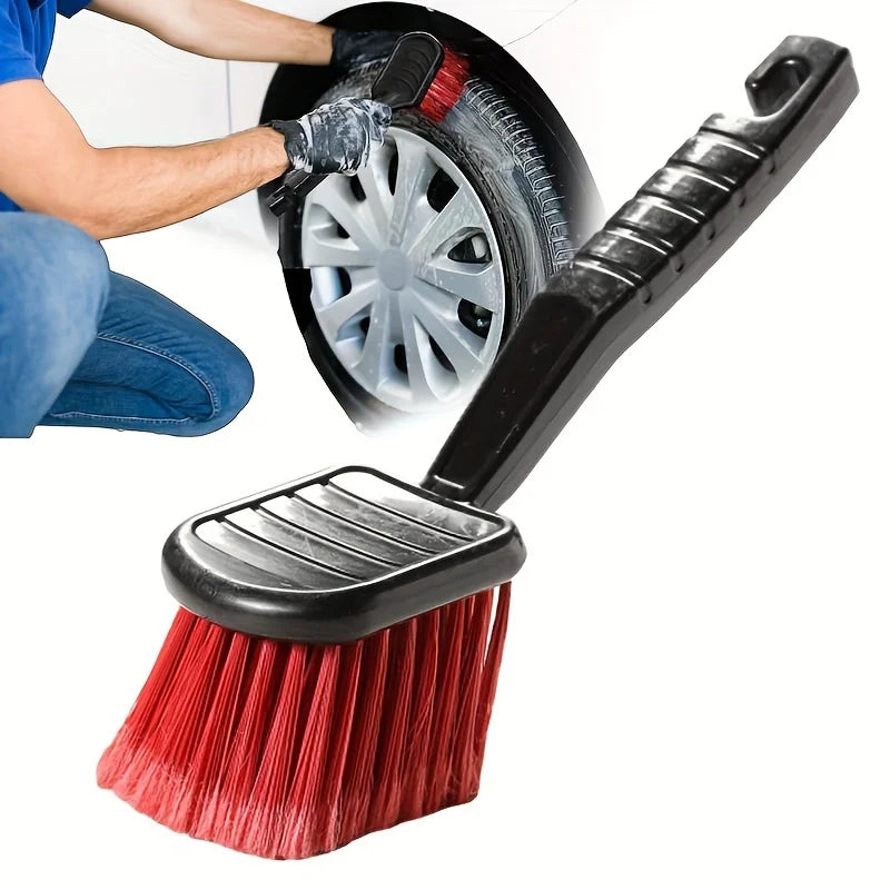 1Pc Soft Bristle Car Wash Brush - Long Handle Tire & Body Cleaning Tool With Red Head For Wheel Hubs