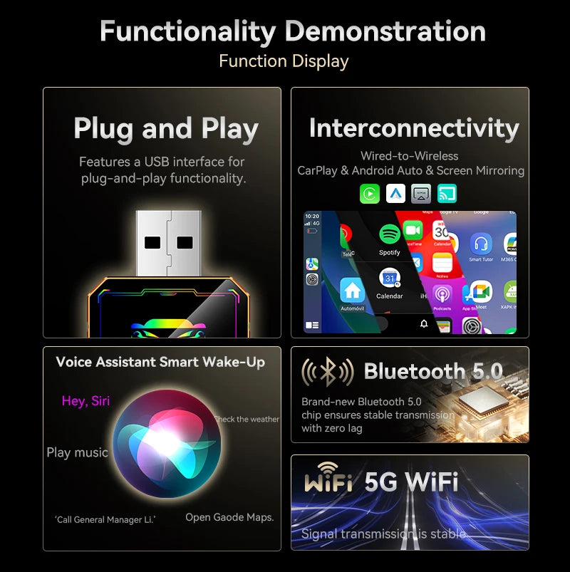2026 Upgraded 4-in-1 Wireless Carplay/Android Auto/Airplay/Mirror Link Adapter, USB/USB-C Interface, Zero Latency, Automatic Reconnection, Mini Orange Version, Mobile Screen Projection, Supports Multiple App Projection, Durab