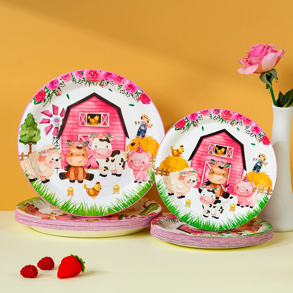 Floral Farm Animal Disposable Paper Plates 7/9 Inch Round Dessert Plates for Girls Birthday Baby Shower Decor