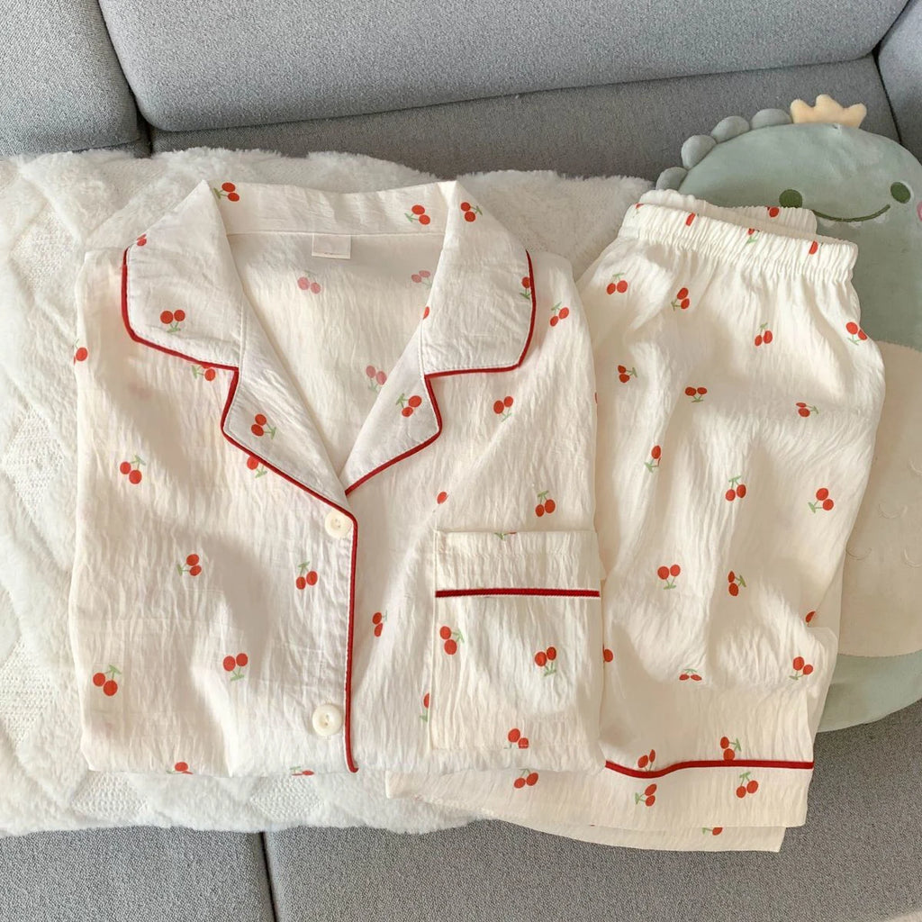 Women's Summer Pajamas, Thin Cherry-Patterned Short-Sleeved Shorts, Sweet and Cute, Can Be Worn Outside in Summer, Two-Piece Home Wear Set