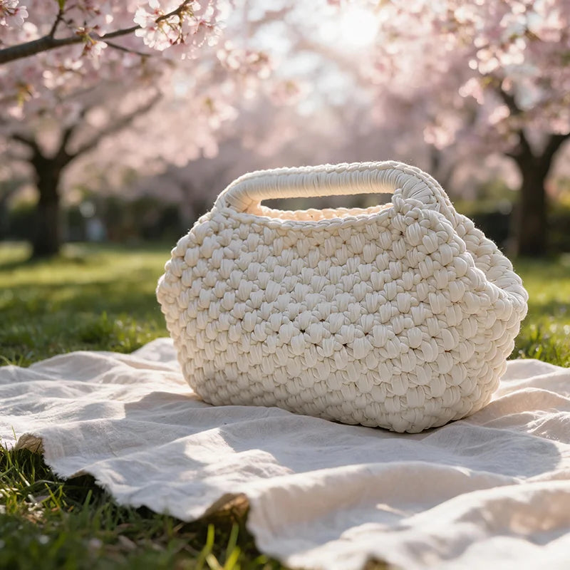 French Style Handmade Crochet Beach Bag Bohemian Tote Women Summer Vacation Casual Shoulder Handbag Luxury Design Large Capacity