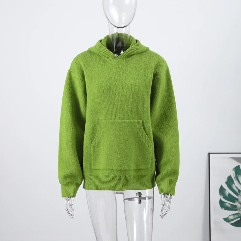 Green Sweater Knitted Women Hooded Casual Long Sleeve Solid Loose Woman Pocket Pullover Jumper 2026 Spring Female Sweaters Top