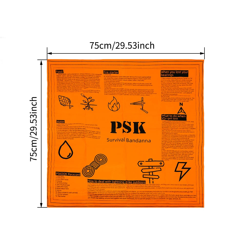 Survival Bandana with Survival Whistle, Easy to Read Tips and High Vis Orange Emergency Kit for Camping, Hiking, Emergency