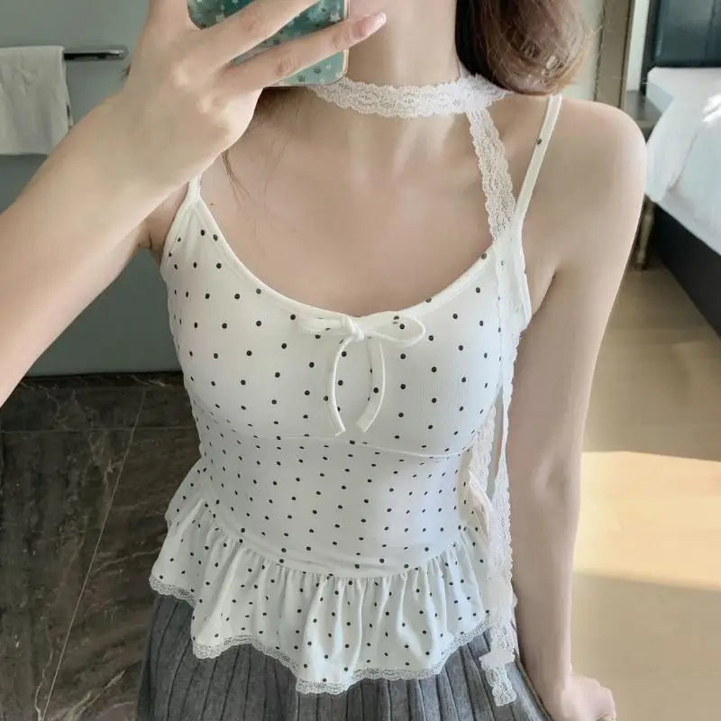1Pc Women Clothing Summer Fashion Casual Polka Dot Solid Color Sling Ladies Fashionable Appear Thin Slim Young Style Tops