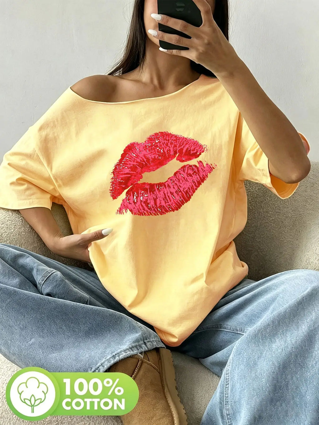 Plus Size 100% Cotton Shoulder Loose Print T-Shirt Oversized Y2K Style Graphic Tees Women Tops Summer Off The Shoulder Top wi