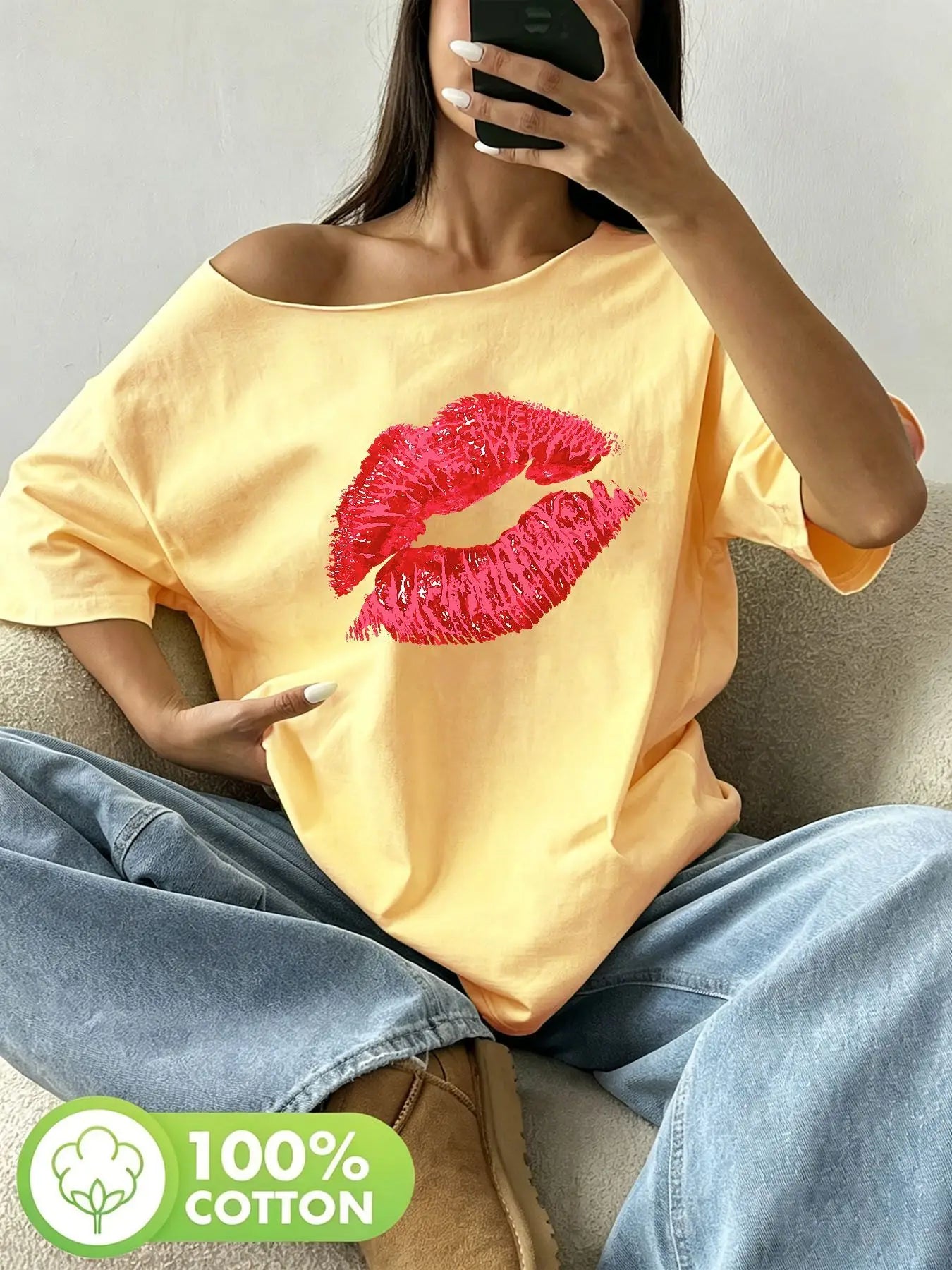 Plus Size 100% Cotton Shoulder Loose Print T-Shirt Oversized Y2K Style Graphic Tees Women Tops Summer Off The Shoulder Top wi