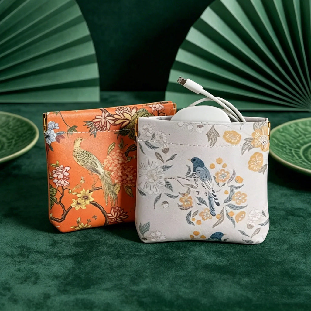 Chinese Floral Print Waterproof Auto-close Pouch, Multi-functional Portable Organizer for Cable Lipstick Coin Cosmetics